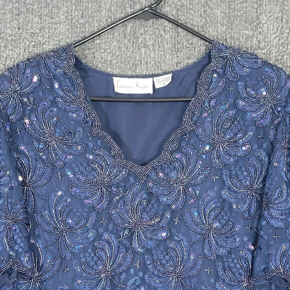 Laurence Kazar Blouse Womens M Blue Short Sleeve Sequin Beaded Shimmer Top - Picture 2 of 13